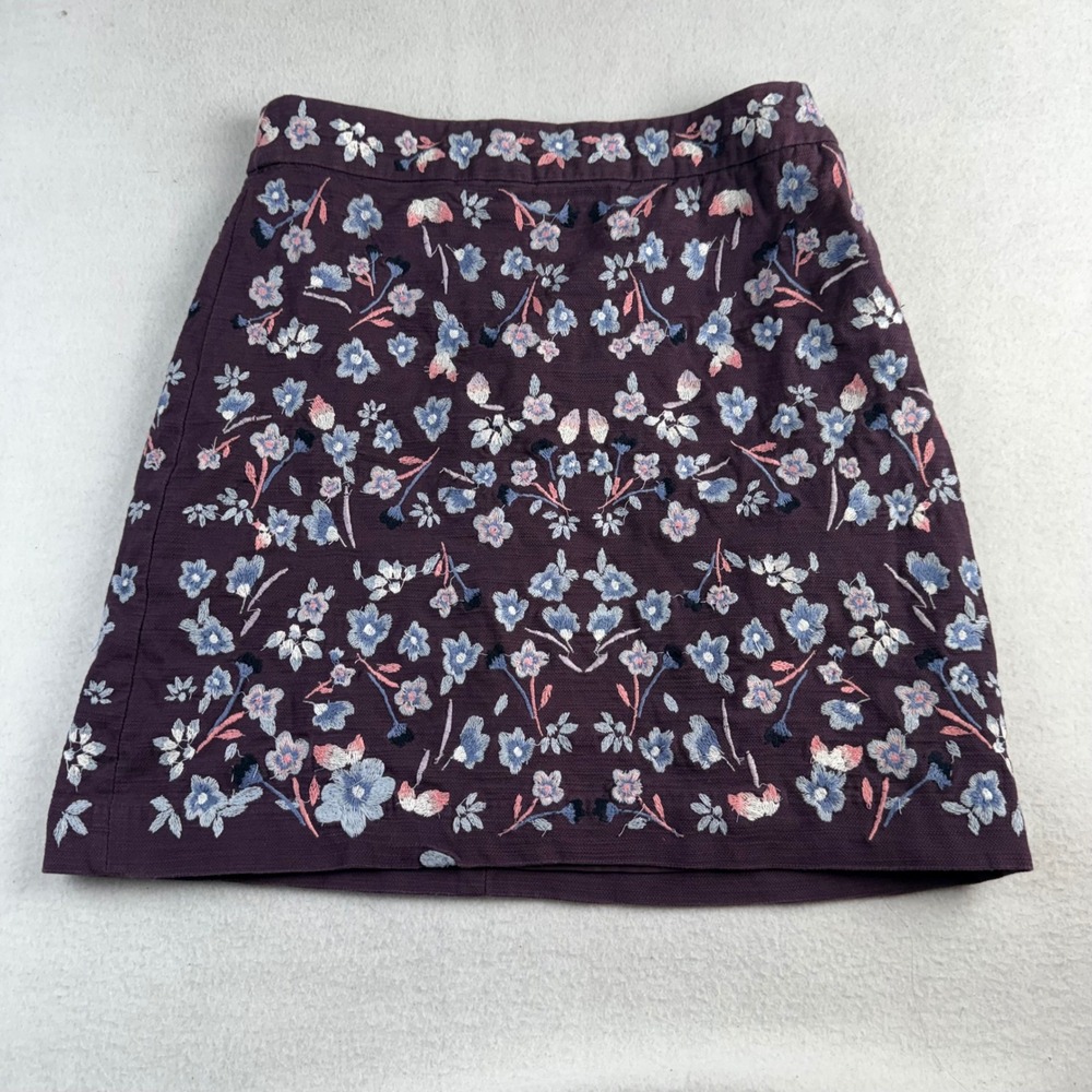 LOFT Women 2 Dark Purple Embroidered Floral Mini Skirt Cotton Canvas A-Line